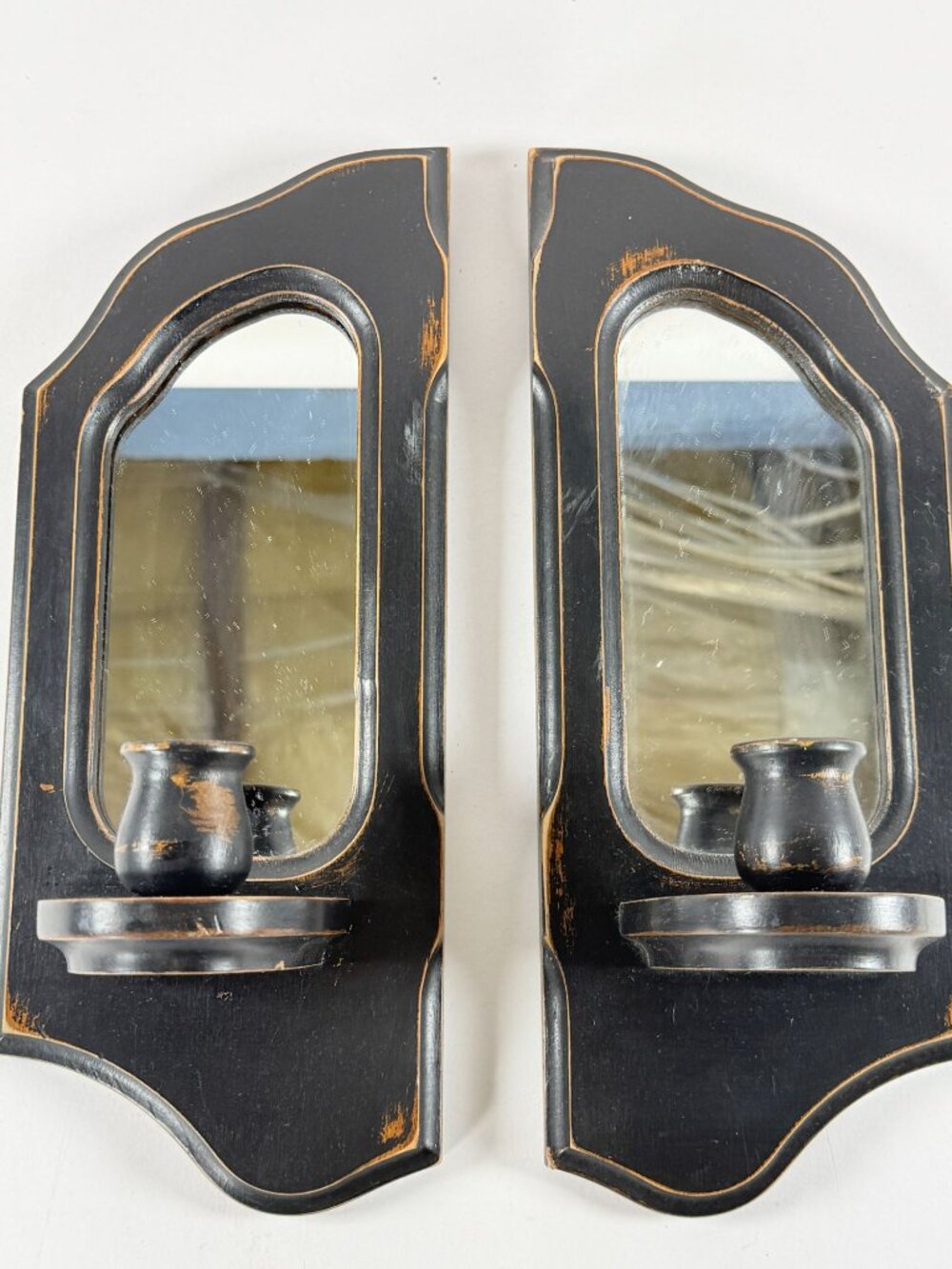 Pair Of Black Wood Wall Sconce Mirrors W/Candle Holders Distressed Rustic Finish